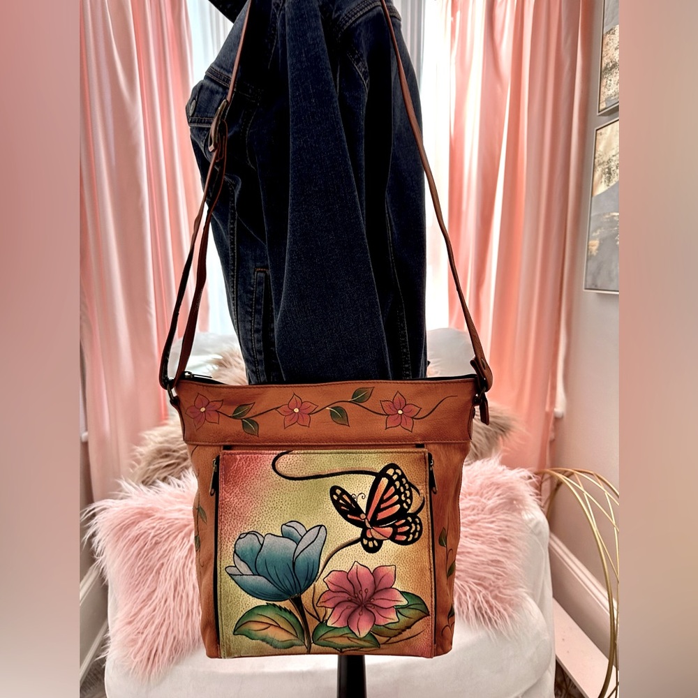 NWT Anuschka Hand Painted Original Artwork Genuine Leather Tote & Bag Tag